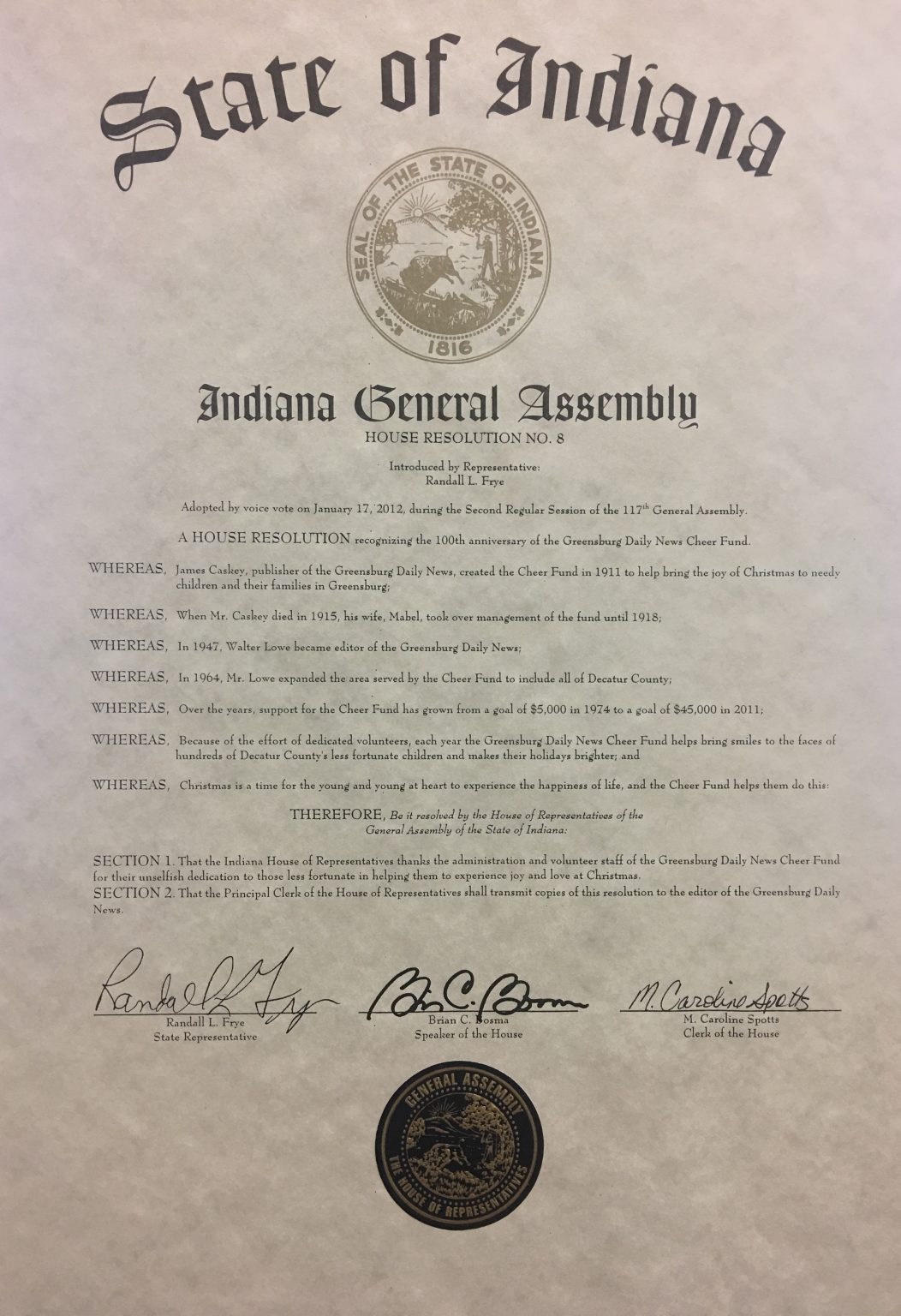 Cheer Fund 100 Year Proclamation from the State of Indiana